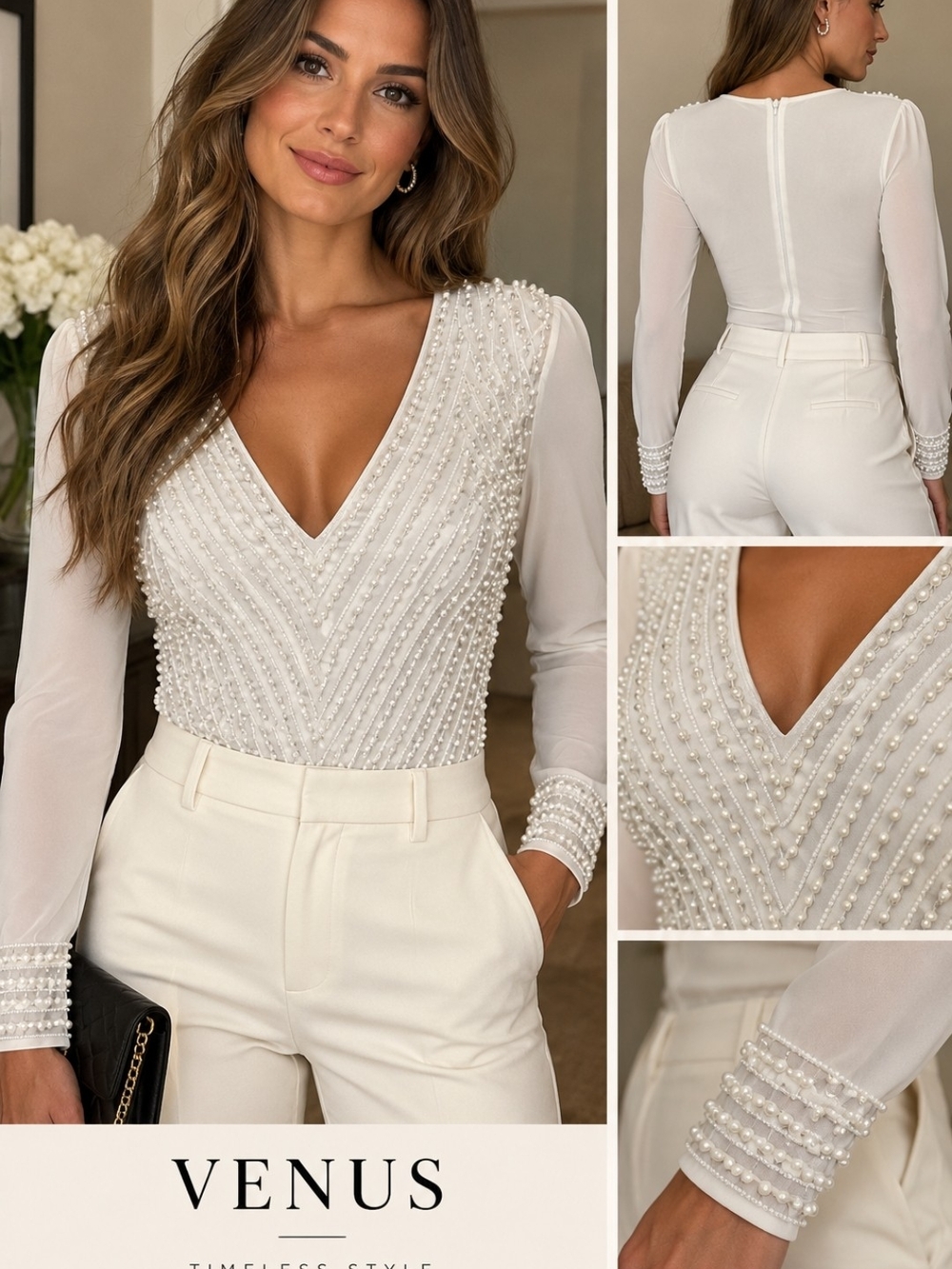 VENUS Ivory Pearl-Embellished V-Neck Long Sleeve Top